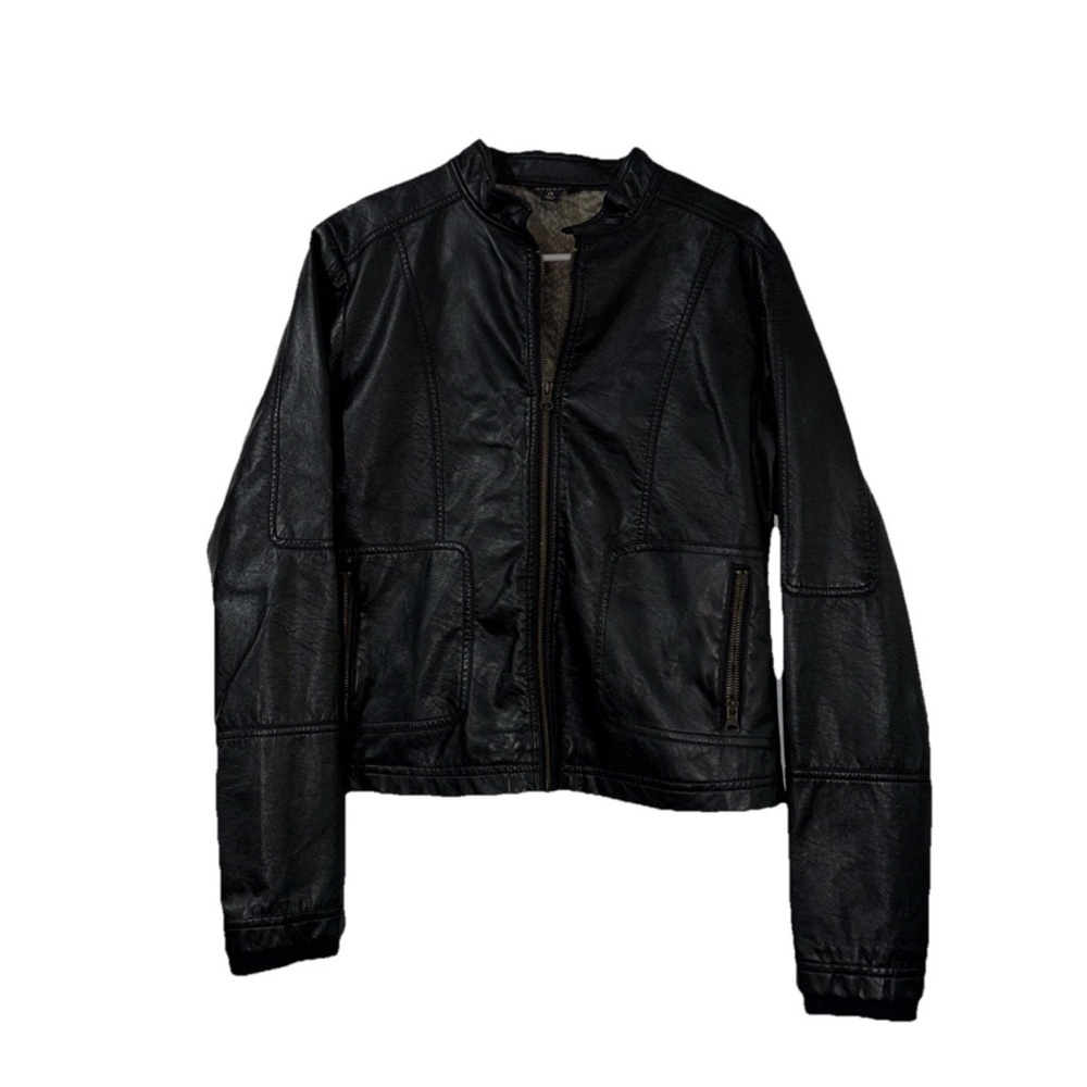 Women’s Black Faux Leather Zip-Up Jacket Size Medium Zip‎ Pockets Moto Coat